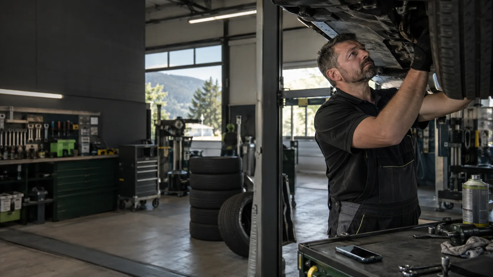 A mechanic working on a vehicle