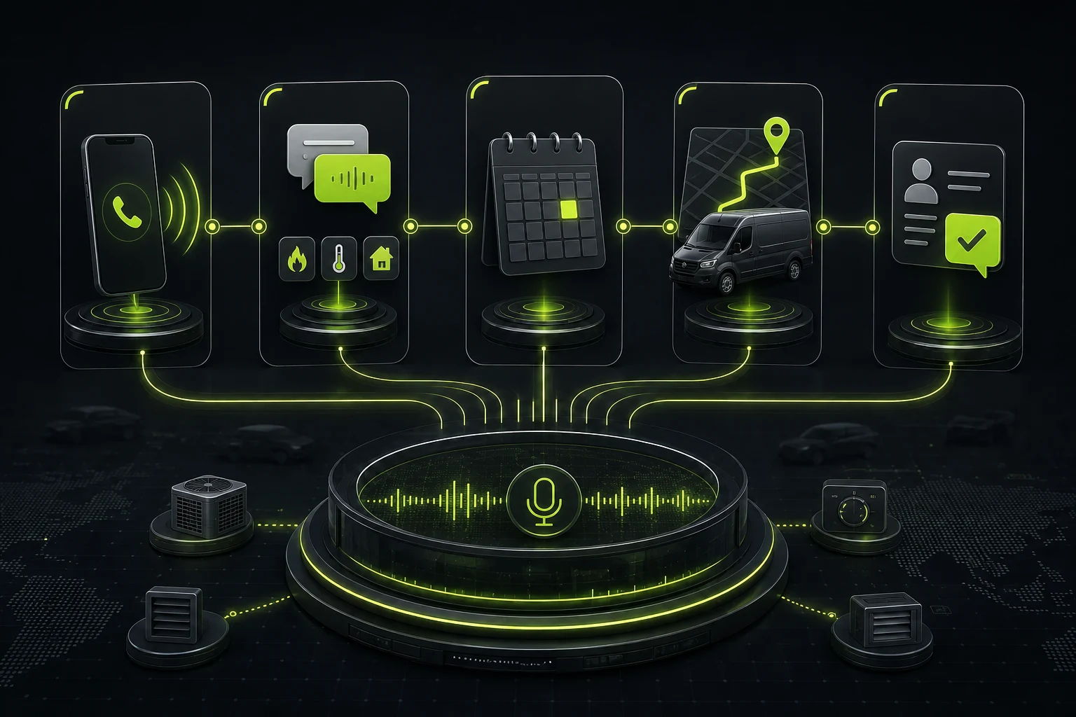Five-stage HVAC call automation flow from incoming call to confirmed service appointment