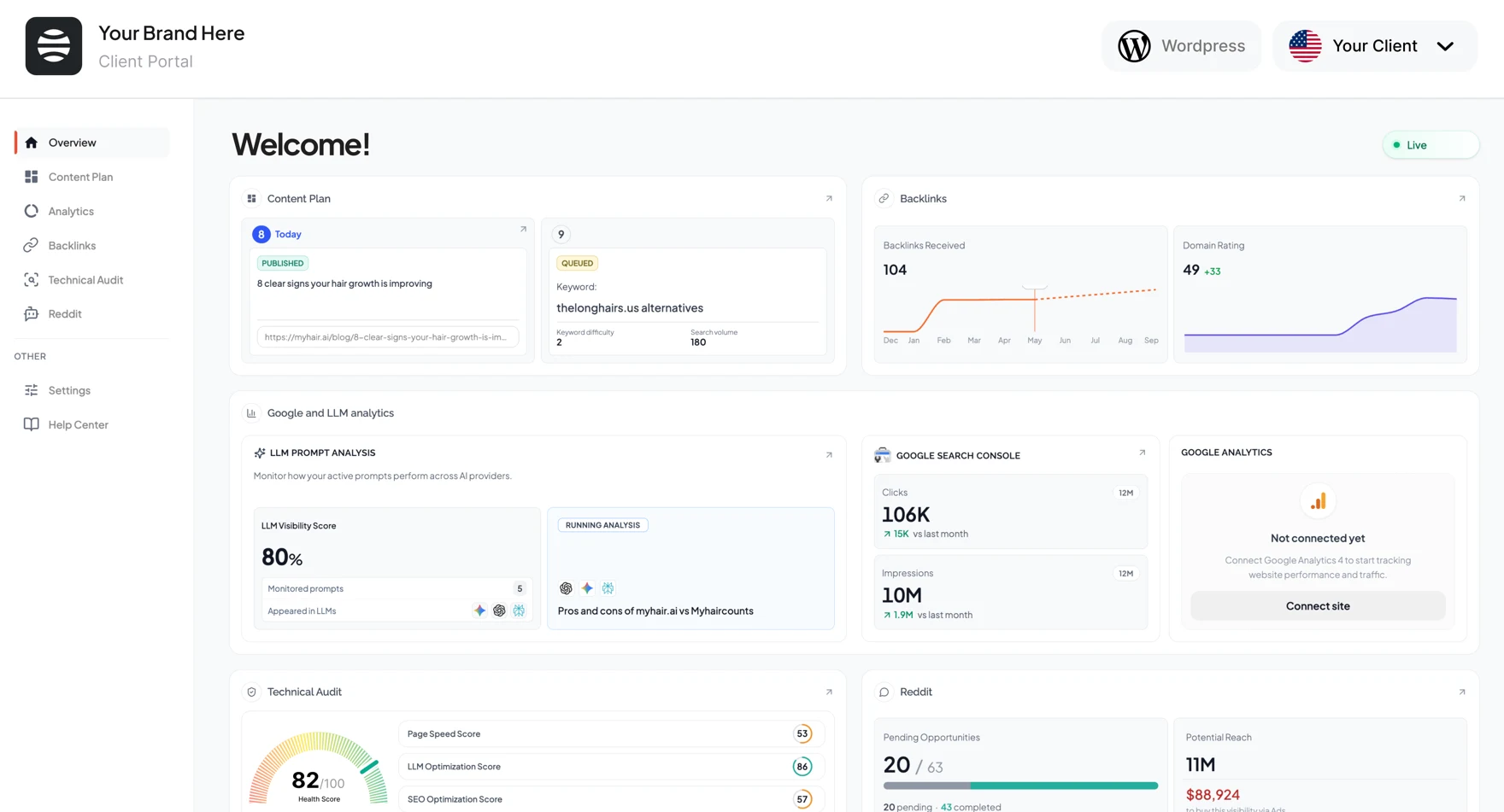 Demo portal sa planom sadržaja, linkovima, AI vidljivošću i Search Console analitikom