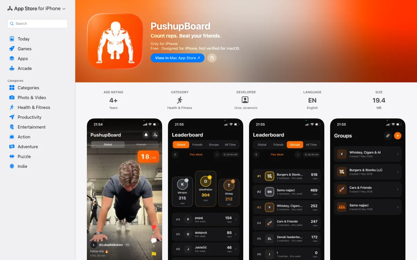 PushupBoard application on the App Store